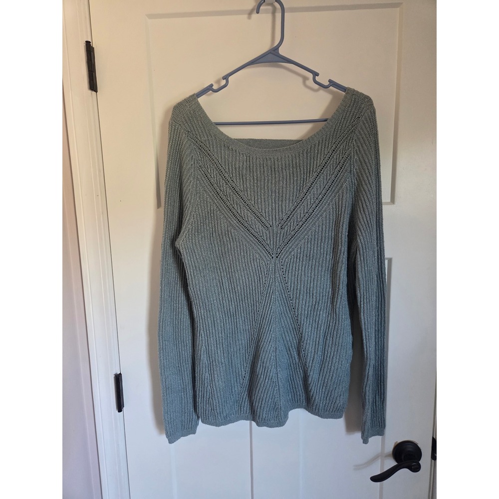 Metallic Shimmer Ribbed Knit Open Back V-Neck Sweater Sage Green Large